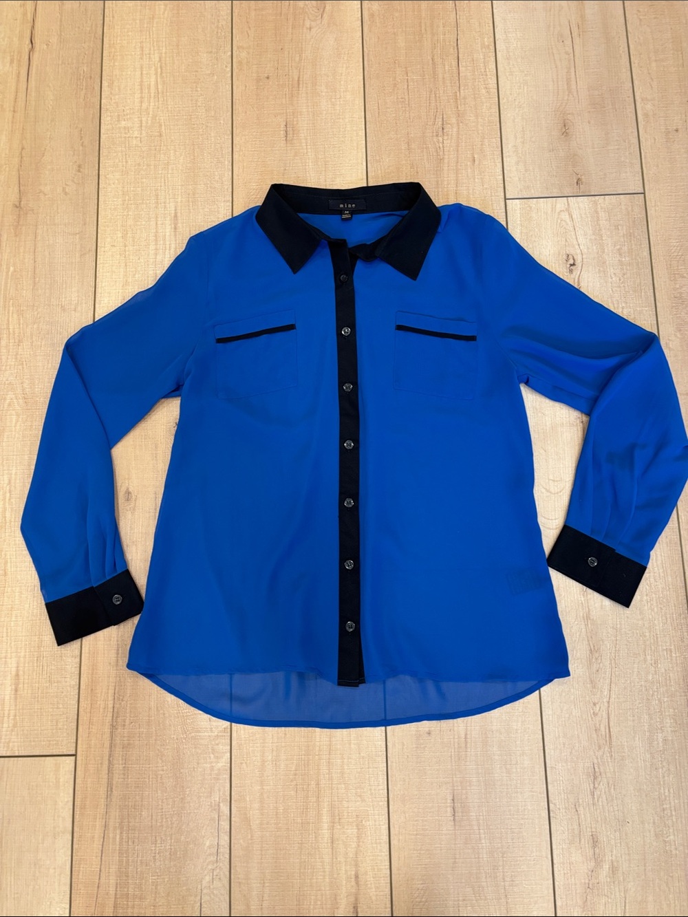 Blue Sheer Button-Front Blouse with Black Trim